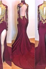 Burgundy Evening Gowns Gold Appliques Long Sleeves Split Open Back Mermaid Prom Dresses-Dbrbridal