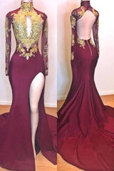 Burgundy Evening Gowns Gold Appliques Long Sleeves Split Open Back Mermaid Prom Dresses-Dbrbridal