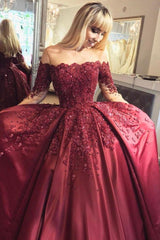 Burgundy Evening Gowns Off-the-Shoulder Long Sleeves Crystal Appliques Ball Prom Dresses-Dbrbridal