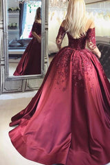 Burgundy Evening Gowns Off-the-Shoulder Long Sleeves Crystal Appliques Ball Prom Dresses-Dbrbridal