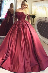 Burgundy Evening Gowns Off-the-Shoulder Long Sleeves Crystal Appliques Ball Prom Dresses-Dbrbridal