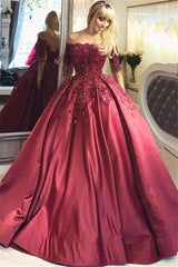 Burgundy Evening Gowns Off-the-Shoulder Long Sleeves Crystal Appliques Ball Prom Dresses-Dbrbridal