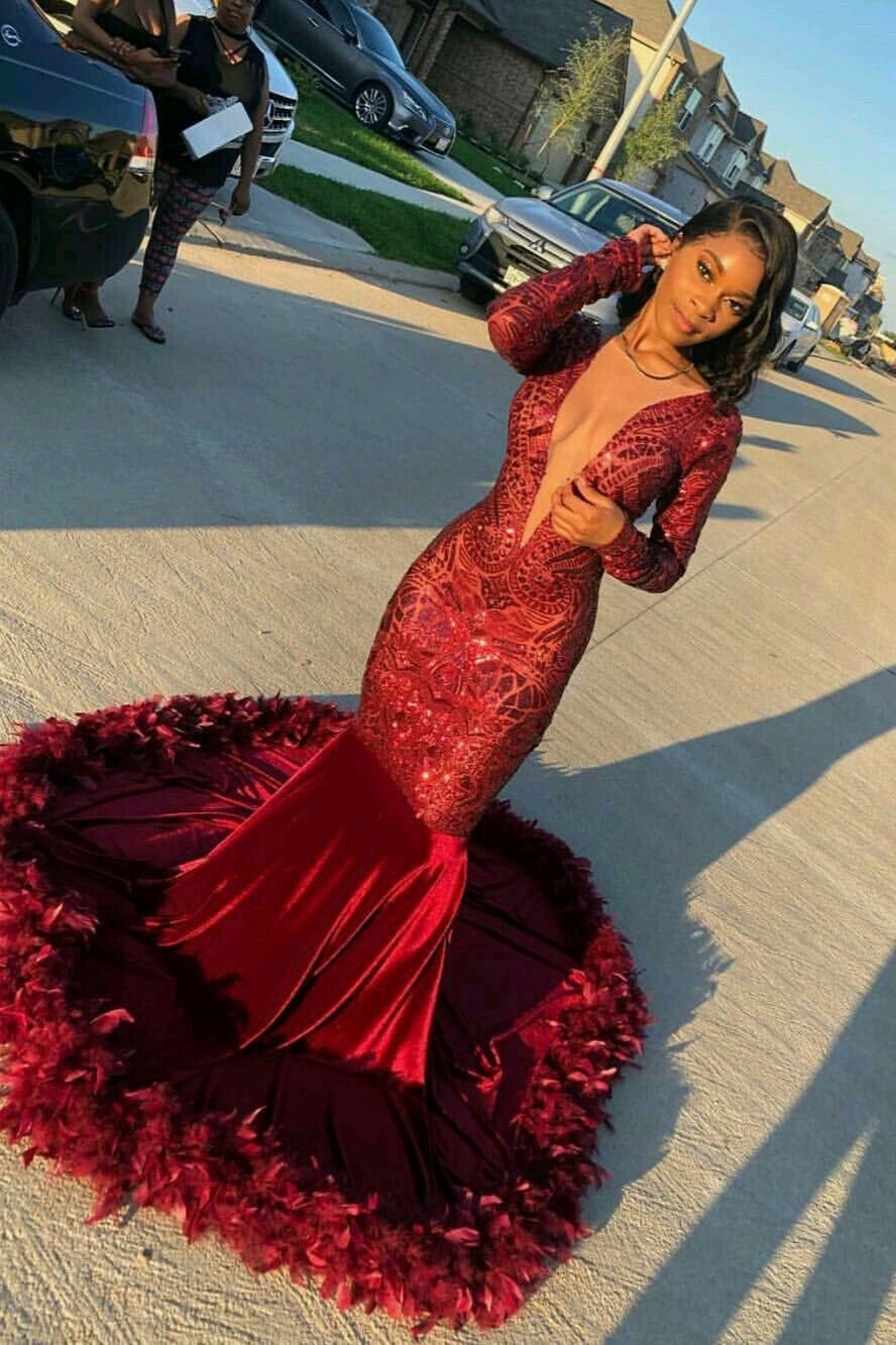 Burgundy Evening Gowns Sexy Deep V-Neck Long Sleeves Mermaid Prom Dres – Dbrbridal