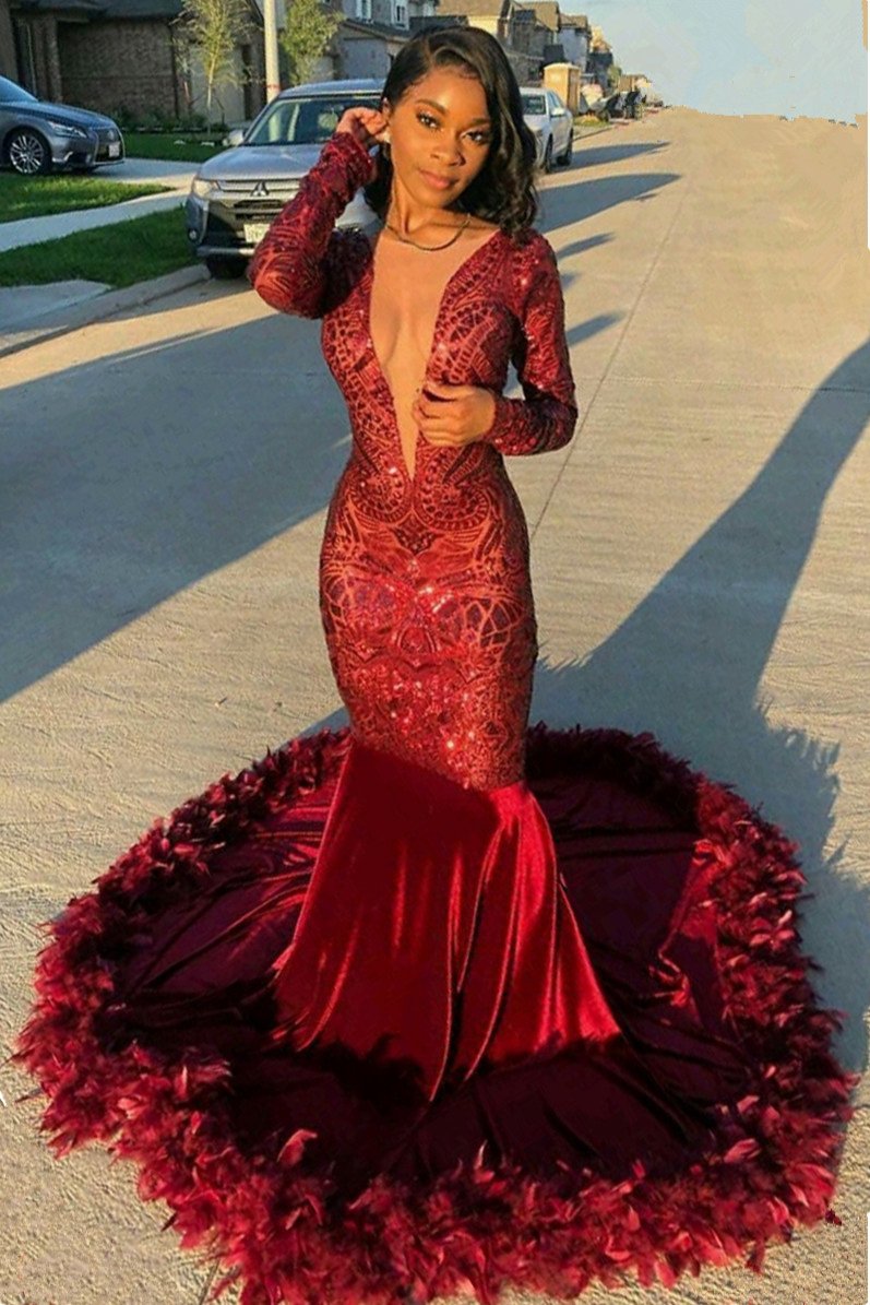Burgundy Evening Gowns Sexy Deep V-Neck Long Sleeves Mermaid Prom Dres Dbrbridal Burgundy Evening Gowns Sexy Deep V-Neck Long Sleeves Mermaid Prom Dres Dbrbridal