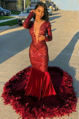 Burgundy Evening Gowns Sexy Deep V-Neck Long Sleeves Mermaid Prom Dress With Sequins-Dbrbridal