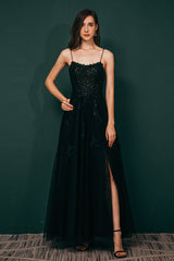 Burgundy Evening Gowns Spaghetti-Straps Lace Appliques High split Prom Dress-Dbrbridal