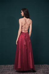 Burgundy Evening Gowns Spaghetti-Straps Lace Appliques High split Prom Dress-Dbrbridal