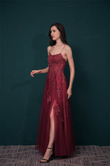 Burgundy Evening Gowns Spaghetti-Straps Lace Appliques High split Prom Dress-Dbrbridal