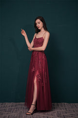 Burgundy Evening Gowns Spaghetti-Straps Lace Appliques High split Prom Dress-Dbrbridal