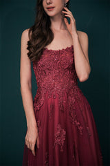 Burgundy Evening Gowns Spaghetti-Straps Lace Appliques High split Prom Dress-Dbrbridal