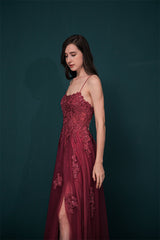 Burgundy Evening Gowns Spaghetti-Straps Lace Appliques High split Prom Dress-Dbrbridal