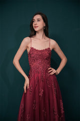 Burgundy Evening Gowns Spaghetti-Straps Lace Appliques High split Prom Dress-Dbrbridal