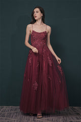 Burgundy Evening Gowns Spaghetti-Straps Lace Appliques High split Prom Dress-Dbrbridal