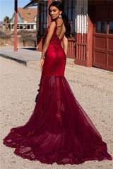 Burgundy Evening Gowns Straps Appliques Tulle Mermaid Prom Dresses-Dbrbridal