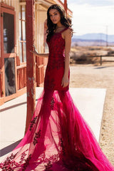 Burgundy Evening Gowns Straps Appliques Tulle Mermaid Prom Dresses-Dbrbridal