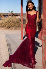 Burgundy Evening Gowns Straps Appliques Tulle Mermaid Prom Dresses-Dbrbridal