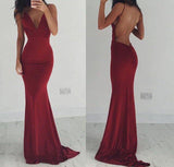 Burgundy Evening Gowns Stretchy Spaghettis-Straps Backless Column Prom Dresses-Dbrbridal