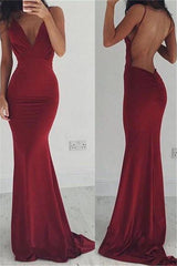 Burgundy Evening Gowns Stretchy Spaghettis-Straps Backless Column Prom Dresses-Dbrbridal