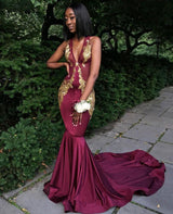 Burgundy Evening Gowns V-Neck Prom Dress, Mermaid Evening Party Gowns-Dbrbridal