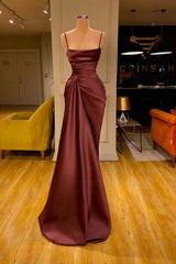 Burgundy Mermaid Ruffles Prom Dress Long Spaghetti-Straps-Dbrbridal