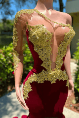 Burgundy One Shoulder Long Sleeve Mermaid Prom Dresses With Appliques-Dbrbridal