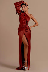 Burgundy One Shoulder Long Sleeves Prom Dress High Split With Pleats-Dbrbridal