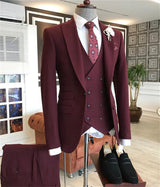 Burgundy Peaked Lapel Three Pieces Men's Suit-Dbrbridal