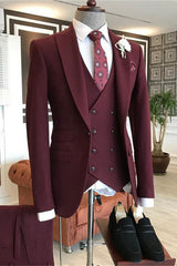 Burgundy Peaked Lapel Three Pieces Men's Suit-Dbrbridal
