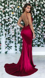 Burgundy Sleeveless Mermaid Backless Prom Dresses Spaghetti-Straps Lace Appliques Evening Gowns-Dbrbridal