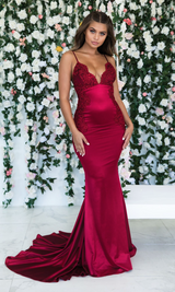 Burgundy Sleeveless Mermaid Backless Prom Dresses Spaghetti-Straps Lace Appliques Evening Gowns-Dbrbridal