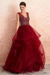 Burgundy V-Neck Sleeveless Long Prom Dress With Crystals-Dbrbridal