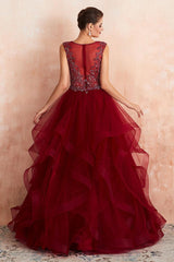 Burgundy V-Neck Sleeveless Long Prom Dress With Crystals-Dbrbridal