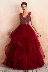 Burgundy V-Neck Sleeveless Long Prom Dress With Crystals-Dbrbridal