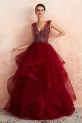 Burgundy V-Neck Sleeveless Long Prom Dress With Crystals-Dbrbridal