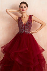 Burgundy V-Neck Sleeveless Long Prom Dress With Crystals-Dbrbridal