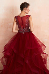 Burgundy V-Neck Sleeveless Long Prom Dress With Crystals-Dbrbridal