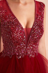Burgundy V-Neck Sleeveless Long Prom Dress With Crystals-Dbrbridal