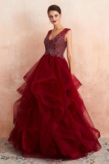 Burgundy V-Neck Sleeveless Long Prom Dress With Crystals-Dbrbridal