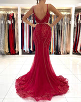 Burgundy V-Neck Sleeveless Mermaid Evening Dress Lace Appliques With Beadings-Dbrbridal