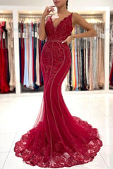 Burgundy V-Neck Sleeveless Mermaid Evening Dress Lace Appliques With Beadings-Dbrbridal