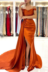 Burnt Orange Mermaid Prom Dress Long With Split Off-the-Shoulder-Dbrbridal