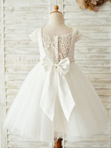 Buttons Short Sleeves Jewel Neck Ecru White Kids Party Dresses-Dbrbridal