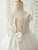 Buttons Short Sleeves Jewel Neck Ecru White Kids Party Dresses-Dbrbridal