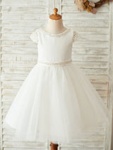 Buttons Short Sleeves Jewel Neck Ecru White Kids Party Dresses-Dbrbridal
