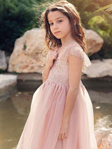 Cameo Brown Jewel Neck Ankle-Length A-Line Lace Formal Kids Pageant flower girl dresses-Dbrbridal
