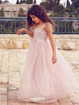 Cameo Brown Jewel Neck Ankle-Length A-Line Lace Formal Kids Pageant flower girl dresses-Dbrbridal