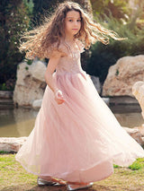 Cameo Brown Jewel Neck Ankle-Length A-Line Lace Formal Kids Pageant flower girl dresses-Dbrbridal