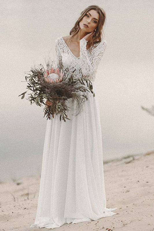 Casual Wedding Dress A-line V-Neck Long Sleeve Floor Length Chiffon Lace Beach Wedding Dresses Dbrbridal Casual Wedding Dress A-line V-Neck Long Sleeve Floor Length Chiffon Lace Beach Wedding Dresses Dbrbridal