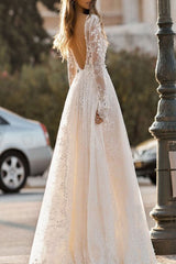 Casual Wedding Dress A-line Chic V-Neck Long Sleeves Lace Long Bridal Gowns-Dbrbridal