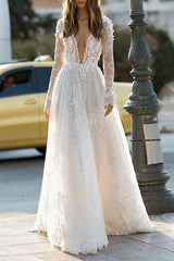 Casual Wedding Dress A-line Chic V-Neck Long Sleeves Lace Long Bridal Gowns-Dbrbridal